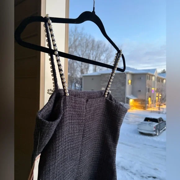 🆕 AQUA Tweed Drop Waist Mini Dress Exclusive Pearl Strap Bow Detail Size S Party - Picture 11 of 16